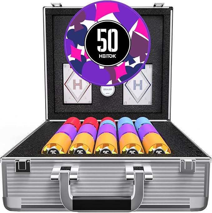 Poker Chips with Denominations, 600-pcs 11.5g Weighted Numbered Casino Chips Set, 2 Decks with Compact Aluminum Case for Texas Hold'em, Blackjack