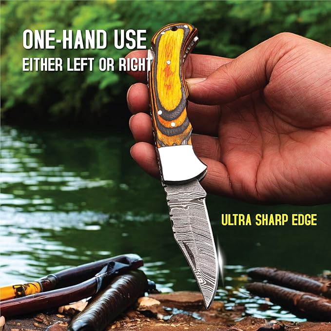 6.5 inch Damascus Pocket Knife with Sheath, Handmade Folding Pocket Knife for Men, Black-Red Wooden Handle with Brass Bolster, Secure Lock Back Camping Knife for EDC,Hunting,Hiking (Yellow)