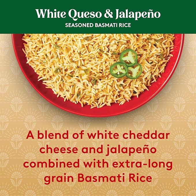 Royal White Queso & Jalapeno Basmati Rice - Ready to Heat Basmati Rice - (4 Pack) 8.5 oz Microwaveable Pouch