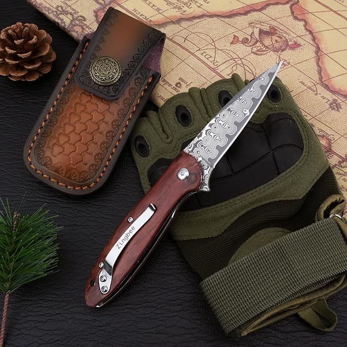 Damascus Pocket Knife with Sheath, 2.87" Damascus Steel Blade Knife with Wood Handle, EDC Folding Knife for Camping Fishing Hiking, Gifts for Men Women