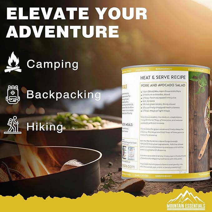 MOUNTAIN ESSENTIALS Canned Pork 28 Oz – Fully Cooked, Ready to Eat – Pantry Staple Canned Meat for Everyday Meals, Emergency Survival & Bulk Food Storage – 5-Year Shelf Life – Made in USA – 12 Pack