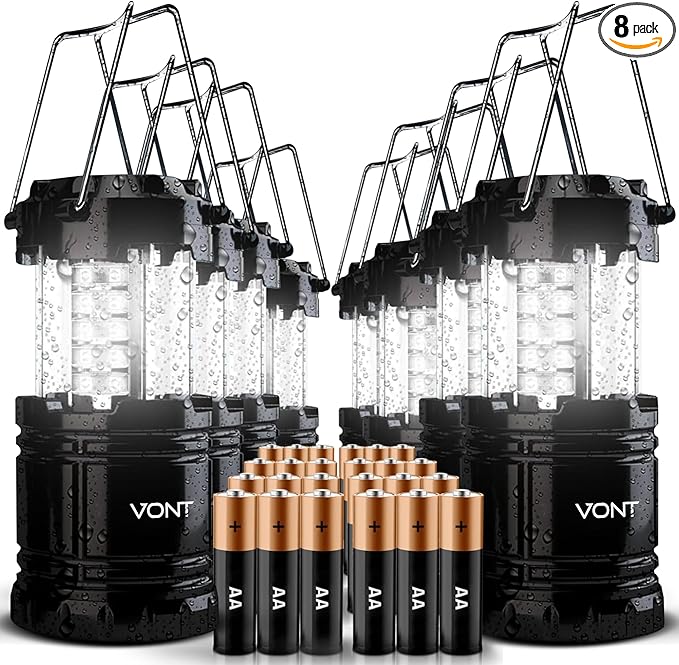 8 Pack LED Camping Lantern, LED Lanterns, Suitable Survival Kits for Hurricane, Emergency Light for Storm, Outages, Outdoor Portable Lanterns, Black, Collapsible, (Batteries Included)
