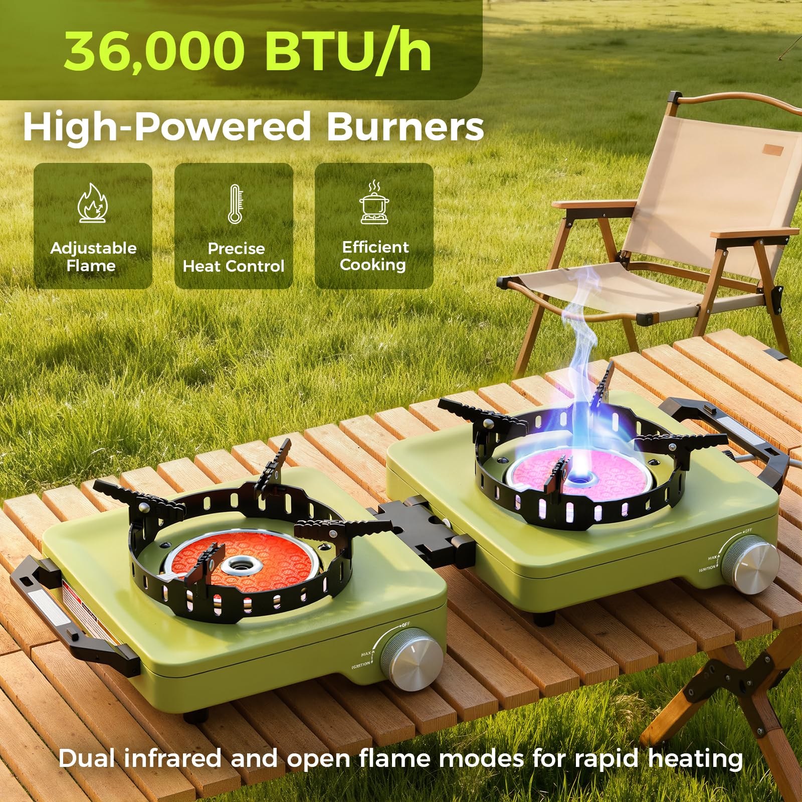 MoKo Propane Camping Stove 2 Burner, 36,000 BTU Infrared & Open Flame Hybrid, Windproof Folding