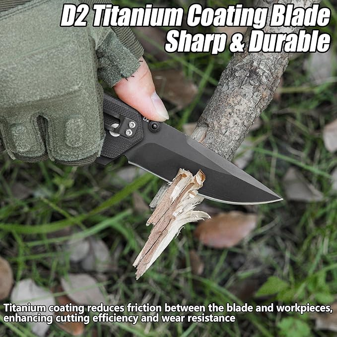 FLISSA Pocket Folding Knife, 3.2??D2 Blade G10 Handle EDC Knife with Pocket Clip Liner Lock for Hunting, Camping, Survival, Outdoor Activities(Black)