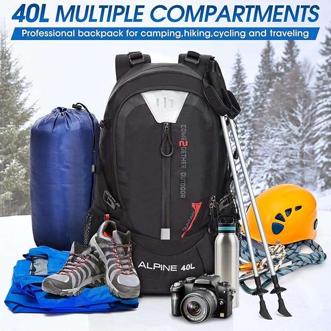 Hiking Backpack Camping 40L Outdoor Daypack Lightweight Travel Backpack with Rain Cover for Women Men (Black)