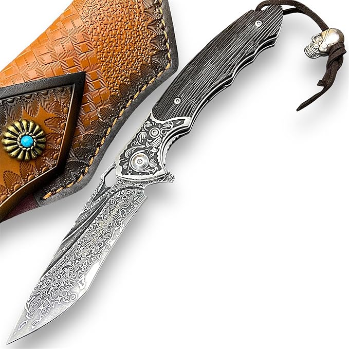 TACTICAL GEARZ Damascus Pocket Knife, Ebony Handle w/Carved Steel Head, Multi-Layered Damascus Steel VG10 Blade, Includes Stitched Leather Sheath (Kratos XT)