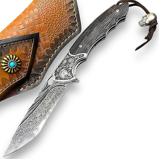 TACTICAL GEARZ Damascus Pocket Knife, Ebony Handle w/Carved Steel Head, Multi-Layered Damascus Steel VG10 Blade, Includes Stitched Leather Sheath (Kratos XT)