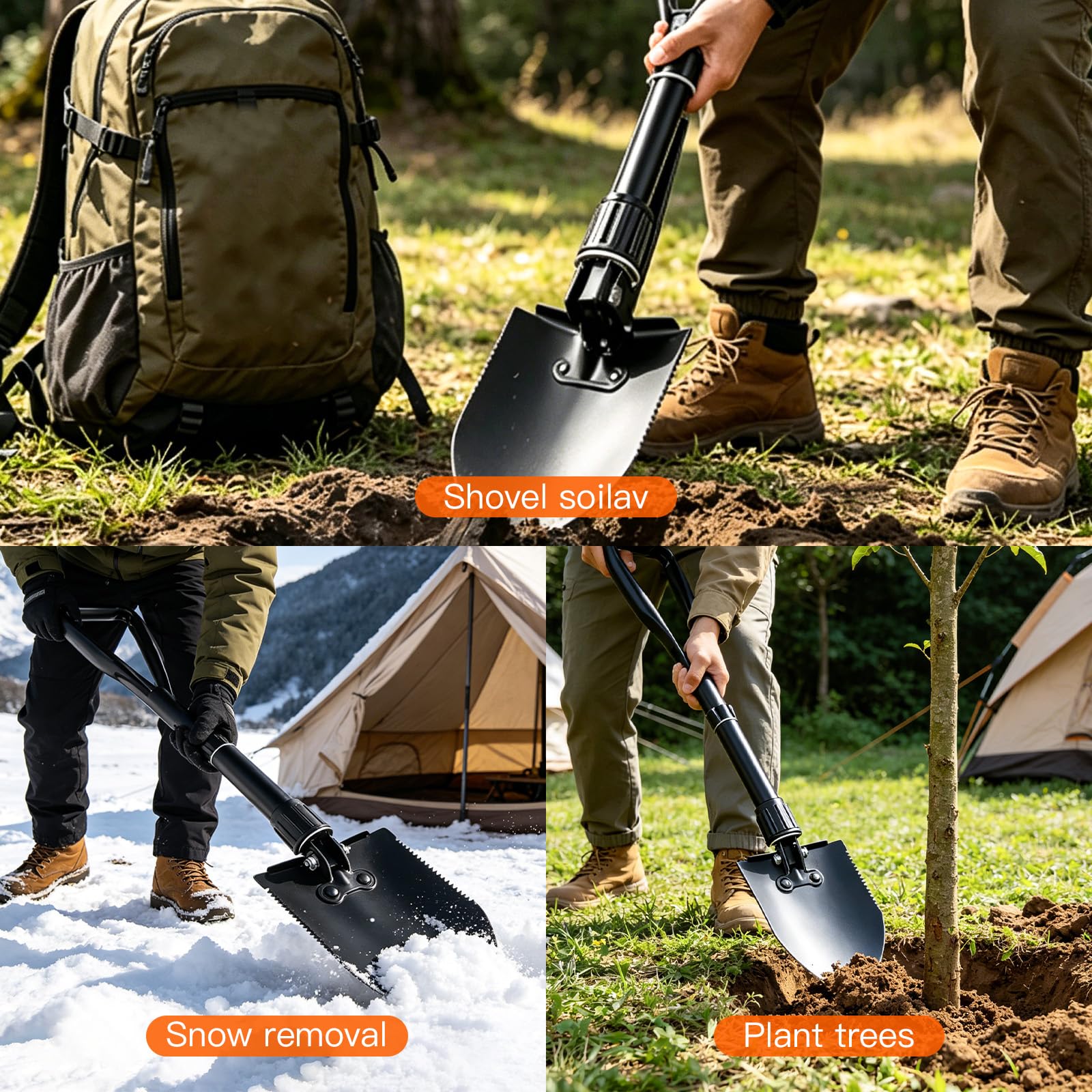 Outdoor Multi-use Folding Digging Shovel, 18.5 Inch Lightweight High Carbon Steel Spade with