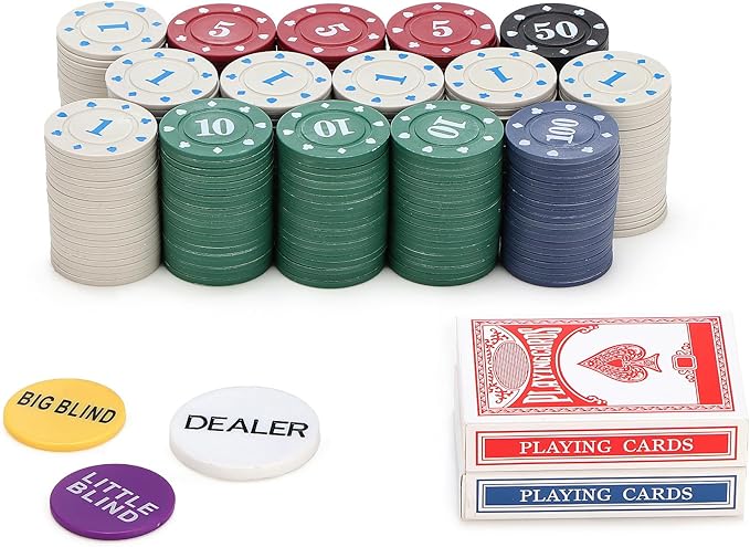 Denomination Plastic Poker Chips Set with 2 Decks,Bulk Playing Cards Chips Texas Hold?™em Blackjack 300 pcs Numbers Casino Black Jack Lightweight Poker Chip for Travel,Gambling Card Games