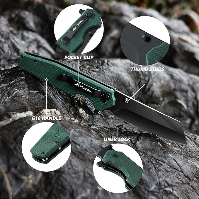 FLISSA Folding Knife, 4-3/4" Reverse Tanto Folding Pocket Knife, Black Stonewash Blade, G10 Handle, for Hunting, Survival, Camping and Outdoor Activities, Great Gifts for Dad, Husband, Friend