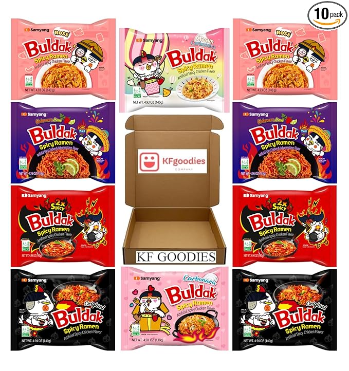 KF GOODIES Korean Ramen Variety Pack Gift Box (10 Count) – Spicy Buldak Noodle Assortment for Birthdays, College Care Packages, Office Snacks, and Gift Baskets