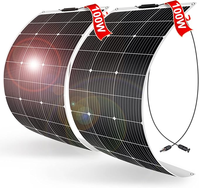 DOKIO 200W (2×100W) Flexible Solar Panels 18V 9BB Monocrystalline for 12V Battery Charging, Semi-Flexible ETFE with MC4, Series/Parallel for RV Boat Camper Van Trailer Off-Grid Use