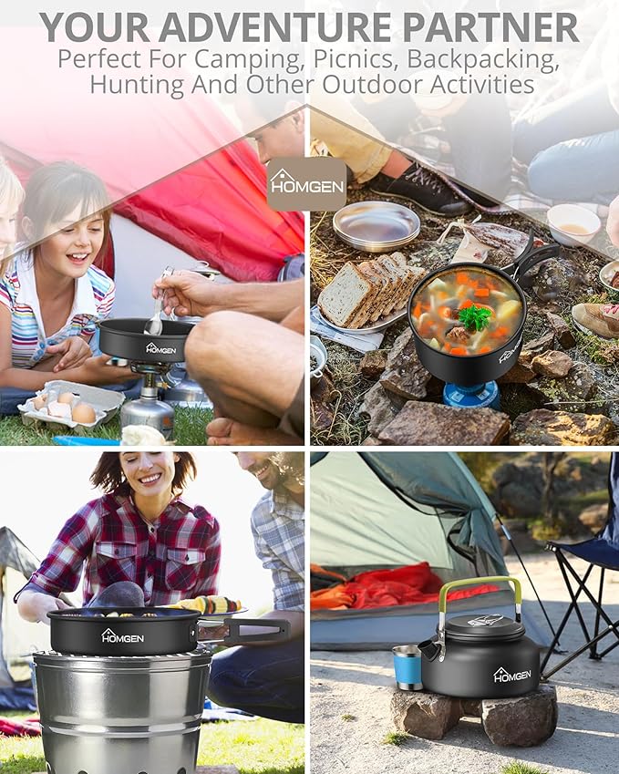 HOMGEN 12-Pieces Ultralight Anodized Aluminum Camping Cookware Set for 2 People - Nesting Pot/Pan with Foldable Handles 800ml Insulated Teapot & Stainless Cups for Camping Hiking