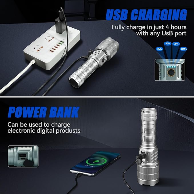 10000 High Lumens Flashlights LED Rechargeable Tactical Flashlight 5 Modes Zoomable Fast Charging IPX6 Waterproof Flash Light Super Bright Handheld Flashlights for Camping Outdoor and Gift