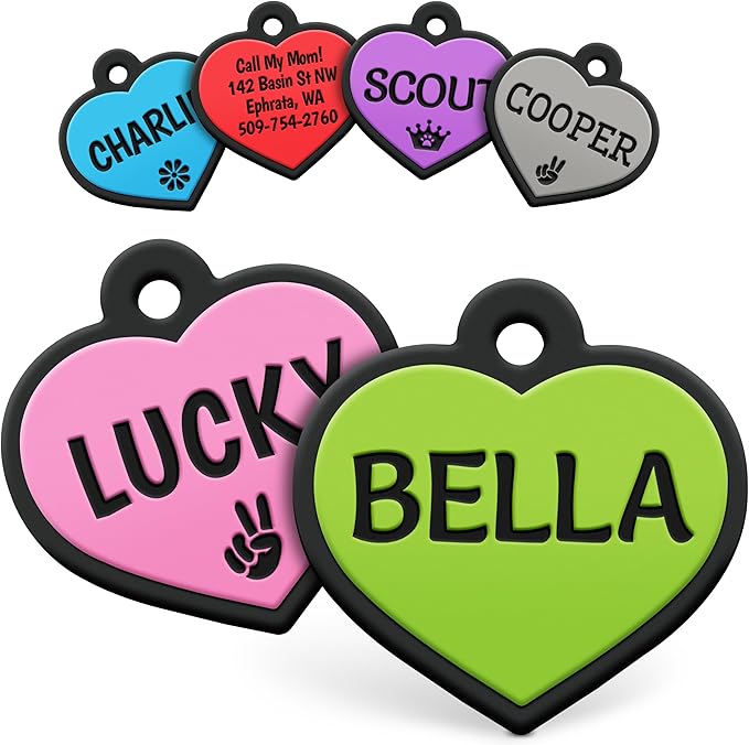 GoTags Silicone Dog Tags, Soundless Pet Tag, Personalized Silent Tag Engraved for Pets with Cute Custom Designs, for Dogs and Cats, (Heart, Green)