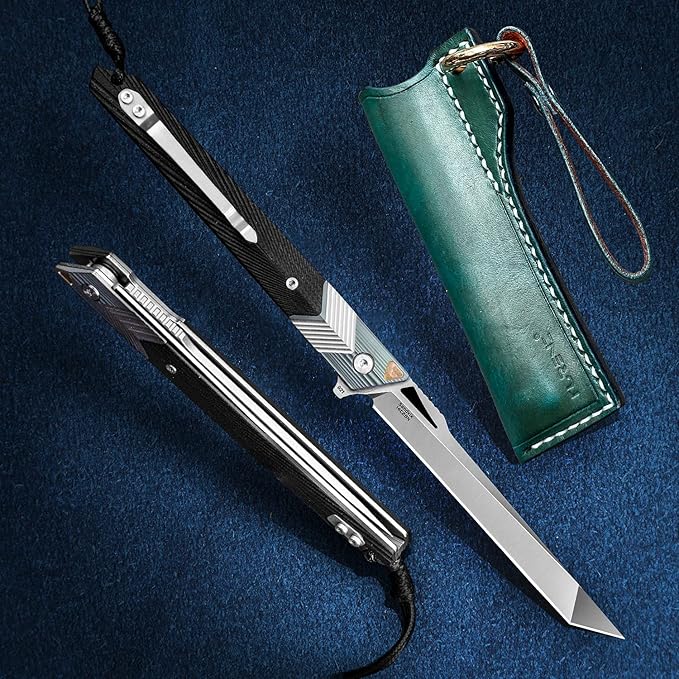 Folding Knife with Clip, 14C28N Steel Tanto Blade, Non-slip Titanium Alloy Handle Lightweight EDC Gentleman's Pocket Knife with Sheath for Belt