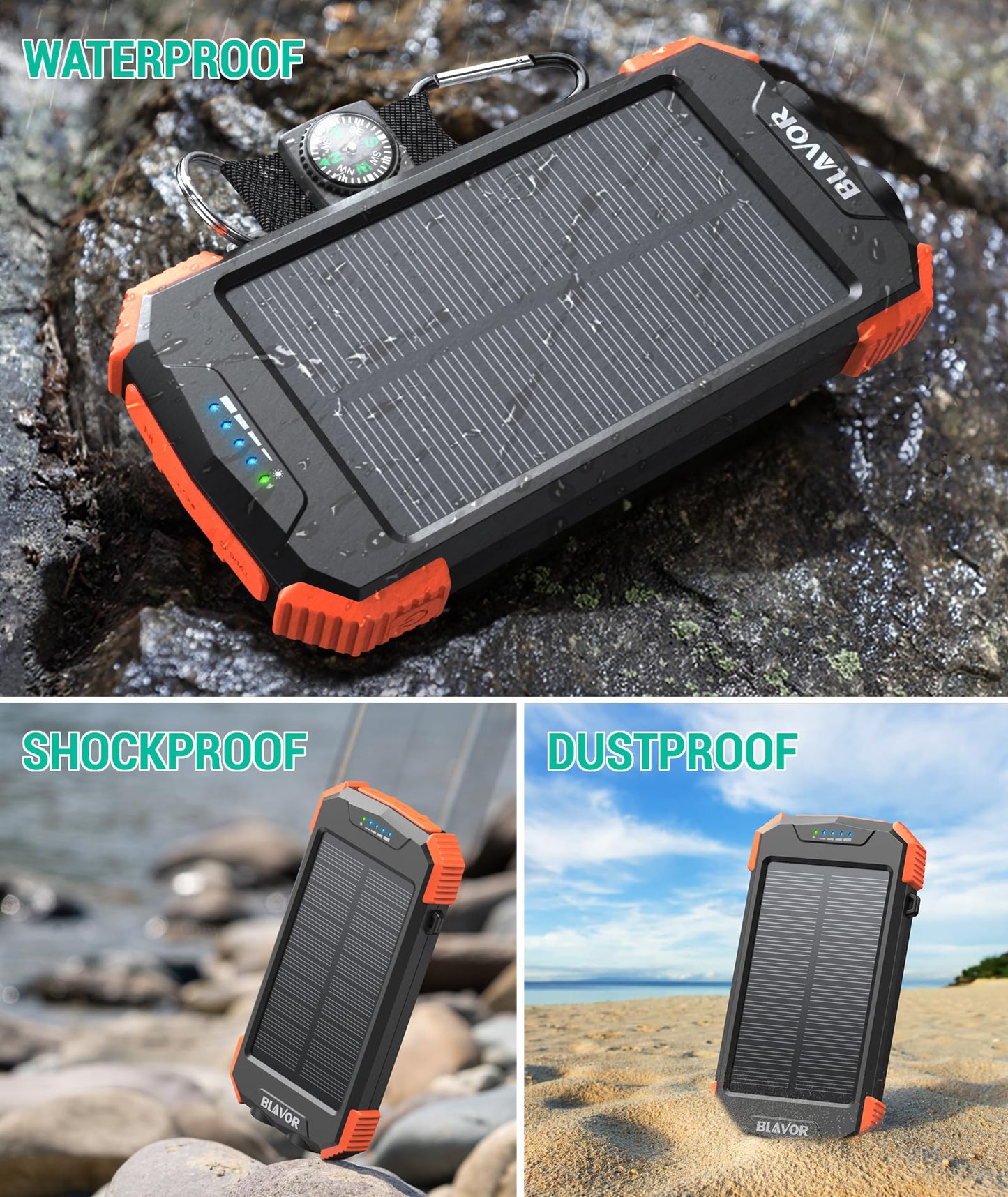 BLAVOR Solar Power Bank 10,000mAh, Portable Wireless Charger, 20W Fast Charging External Battery