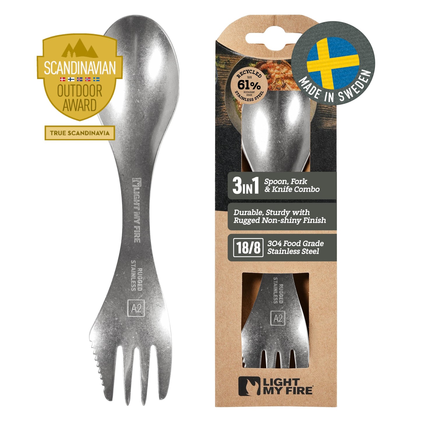 Light My Fire Sporks Stainless Steel (18/8) Camping Spork, Unbreakable Fork Spoon Knife Set