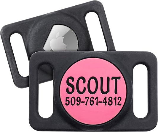 GoTags Personalized AirTag Dog Collar Holder, Engraved Tracker Case for Pet Collar, Custom Text with Phone Number, Slide On Tag for GPS Nameplate, Track Dogs with Apple iPhone, 4 Colors (Large)