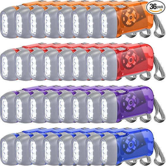 Treela 36 Pcs Hand Crank Flashlights Operation Christmas Bulk Items Squeeze Flashlight No Battery Required Torchlight 3 Powered Charging for Emergency(Red, Blue, Orange, Purple)