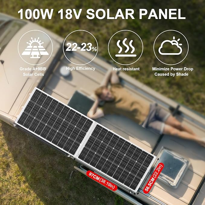 DOKIO 100W 18V Solar Panel 2-Pack for 12V Battery Charging, Monocrystalline 9BB Glass Modules with Aluminum Frame, MC4, Pre-Drilled Holes, Series/Parallel for RV, Boat, Roof, Off-Grid Systems