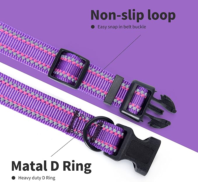 Mile High Life Reflective Dog Collar, Basic Dog Collars Adjustable Quick Release, Soft Nylon Pet Collar with Metal D-Ring for Small Medium Large Dogs (Purple, M Neck13-17")