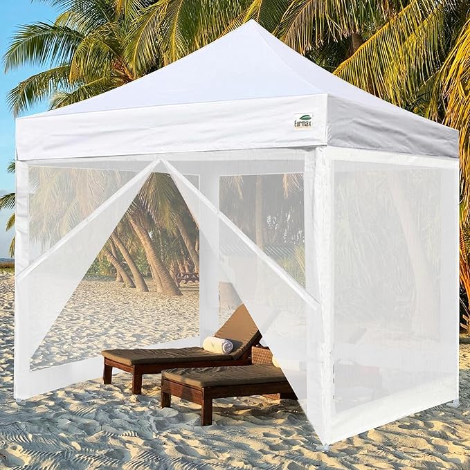 Eurmax USA 10'x10' Pop-up Canopy Tent Commercial Instant Canopies with 4 Removable Zipper End Screen Wall kit and Roller Bag, Bonus 4 SandBags(White)