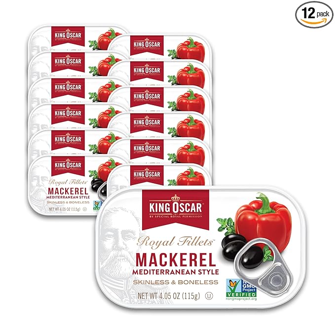 King Oscar Mackerel in Olive Oil, Mediterranean Style, 4.05 Ounce Can (Pack of 12, Packaging May Vary), Skinless & Boneless, Wild Caught Canned Mackerel