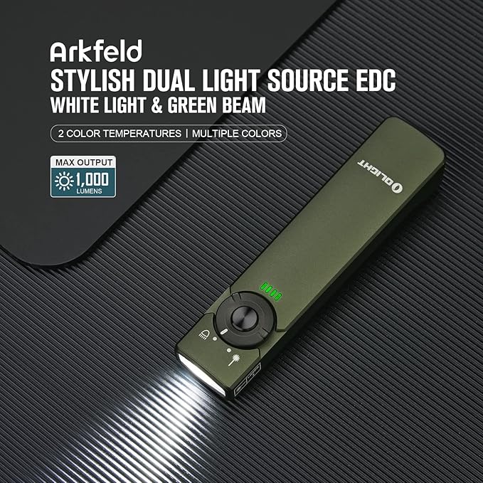 OLIGHT Arkfeld EDC Flat Flashlight, 1000 Lumens White LED Light with Green Beam Combo, Power by Rechargeable Built-in Battery for Outdoors, Emergency, Work (OD Green CW)