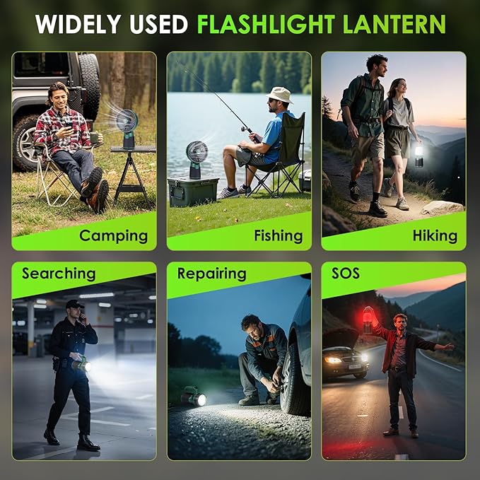 4 in 1 Modular Rechargeable Camping Lantern, Portable LED Flashlight, Outdoor Camp Fan, 4400mAh Power Bank, IPX4 Waterproof Camping Essentials Set for Emergency, Hiking, Fishing