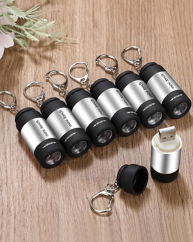 Mudder 12 Pieces Mini Keychain Flashlight Rechargeable Operation Christmas Bulk Plastic Small Torch Flashlight Handheld LED USB Rechargeable Waterproof for Camping Hiking Favor(White Light in Silver)