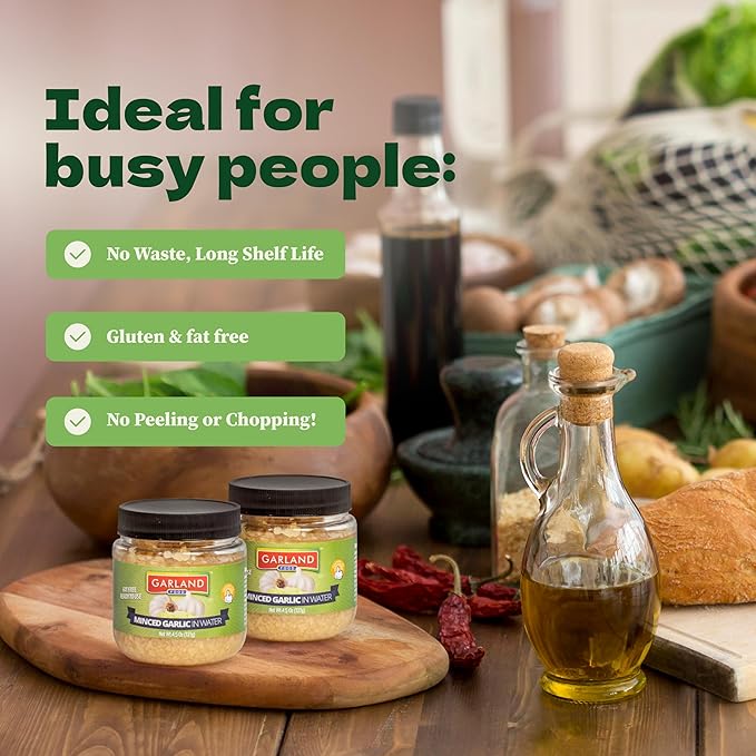 Garland Food Minced Garlic in Water 4.5 oz ??Made in the USA - Minced Garlic in Jar for Fresh Flavor, Time-Saving Prep, and Versatile Uses in Every Dish