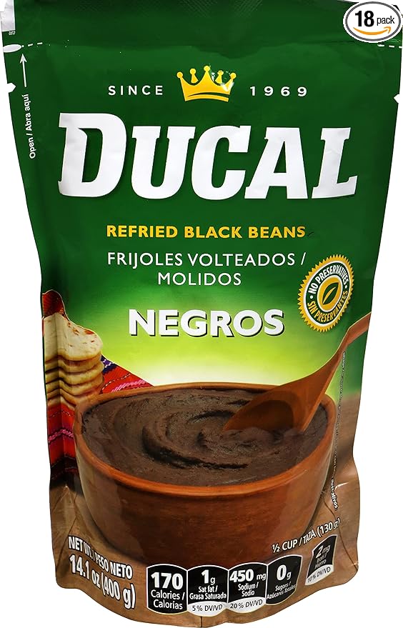 Ducal Refried Black Beans Pouch, 14.1 Ounce (Pack of 18) - Instant Vegetarian Refried Black Beans, Non-GMO And Gluten-Free - Excellent Source in Protein And Iron, Cholesterol Free