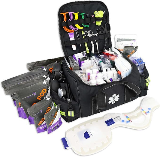 Lightning X MB30-SKC Large EMT Trauma Kit | Fully Stocked First Responder Bag w/ 240+ Supplies | EMS Fire Police Office Sports Team Emergency Medical Kit - Black