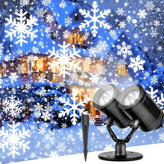 2025 Upgraded Snowflake Christmas Projector Lights Outdoor, Dual Head Snowflake Projector Lights with Waterproof Timer, Dynamic LED Snowfall Projector Light for Xmas Holiday Indoor Decorations