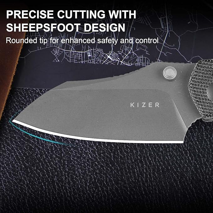 Kizer Mini Bulldog Pocket Knife, 2.5??Nitro V Sheepsfoot Blade Folding Knife, Micarta Handle Clutch Lock Small EDC Knife for Men Women Gift, Fishing Hiking Camping Hunting Knives V3672SA2