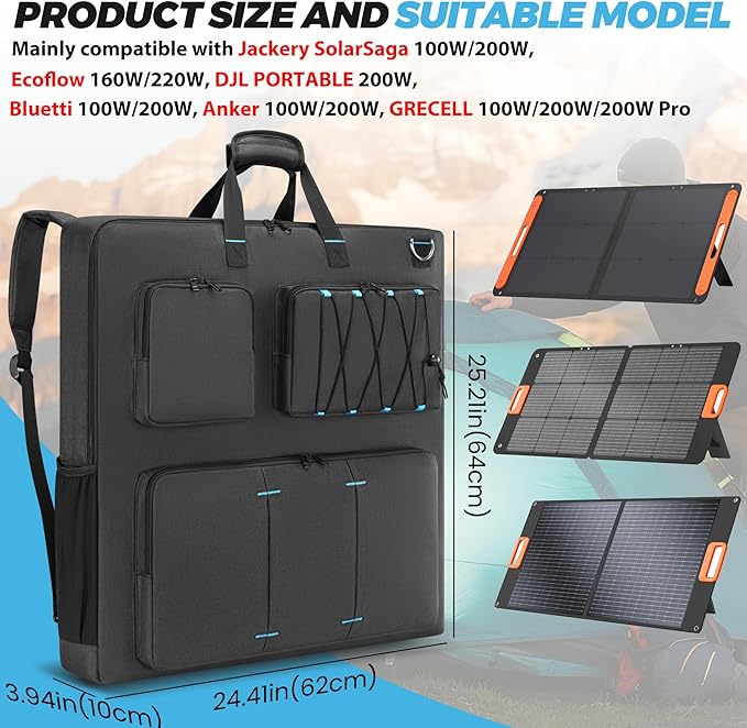 Solar Panel Storage Bag Compatible with Jackery SolarSaga 100W 200W/Anker 100W 200W/Ecoflow 160W 220W/Bluetti 100W 200W, Travel Carrying Case for 2 Battery Panels, Solar Panel Bag with Multiple Pocket