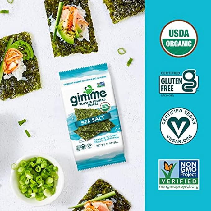 Gimme Seaweed - Sea Salt - 6 Count - Organic Roasted Seaweed Sheets - Keto, Vegan, Gluten Free - Great Source of Iodine & Omega 3?™s - Healthy On-The-Go Snack for Kids Adults (Pack of 2)