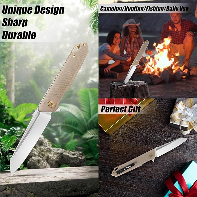 FLISSA Folding Pocket Knife, EDC Knife with D2 Steel Blade and G10 Handle, Pocket Clip, Suitable for Camping, Hiking, Fishing, Daily Use, Outdoor Activities(Brown)