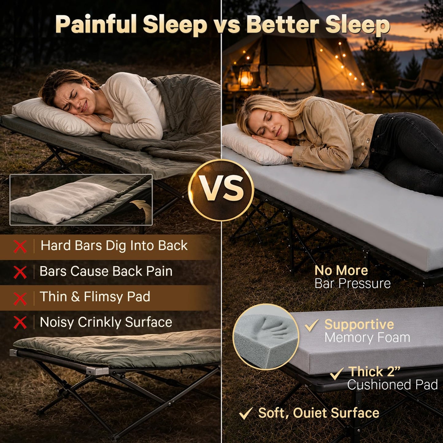 CYMULA Camping Cot Pad 2 Inch Memory Foam, Camping Pad for Folding Cot and Foldable Cot, Portable