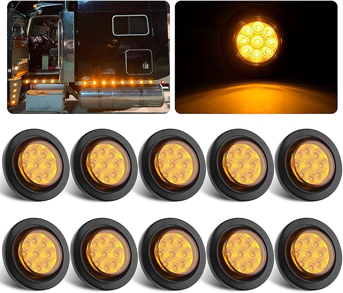 10Pcs 2 Inch Round LED Marker Lights Amber 9 LEDs w/Reflectors, 2 Inch Round Led Side Marker Clearance Lights Sealed 2 Round Truck Trailer Marker Lights w/Rubber Grommets and 2 Prong Wire Pigtails