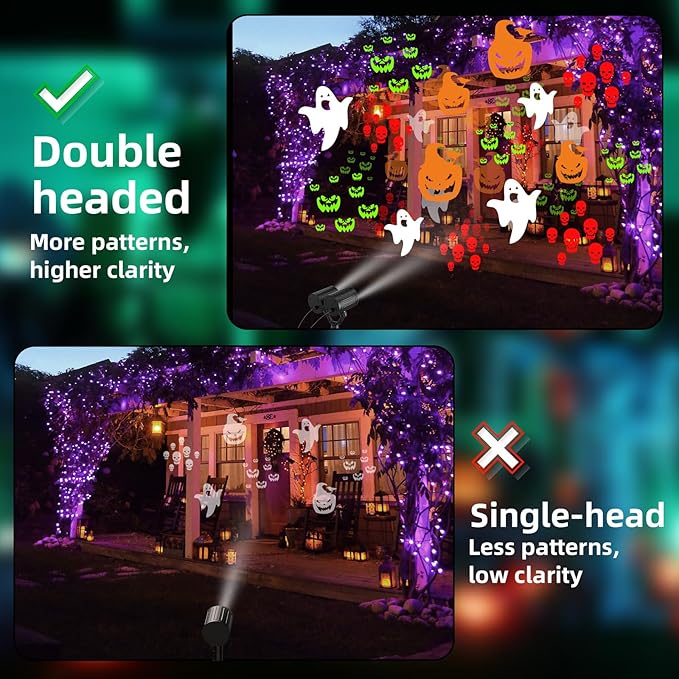 Double Head Halloween Projector Lights Outdoor with Timer,IP65 Waterproof Dynamic Halloween Ghost Skeleton Pumpkin Devil Face Lights for Home Window Wall Decor