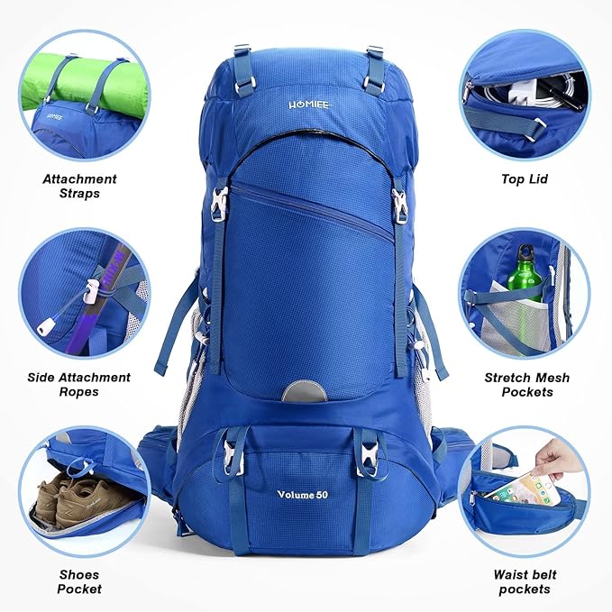 HOMIEE 50L Hiking Backpack Travel Bag Waterproof Camping Rucksack with Rain Cover Lightweight Backpacking Backpack