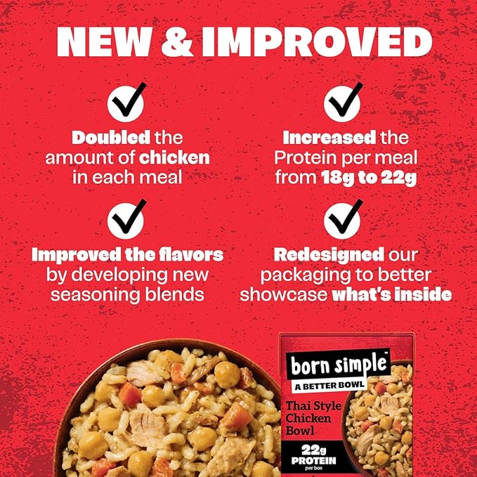 Born Simple Ready to Eat Meals with Sporks, Thai Style Chicken Bowl, Improved Recipe - 22g Protein, Prepared Meal, Microwavable Entree, 11 oz (Pack of 6)