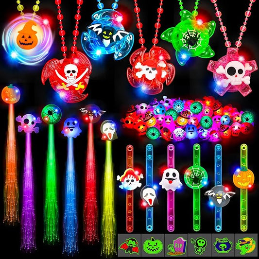 84 PCS Halloween Party Favors for Kids Boys Girls, Glow Light Up Necklace Bracelet LED Rings Bluk Halloween Toys for Trick or Treat, Halloween Goodie Bag Fillers Stuffers Treats Classroom Prizes Gift