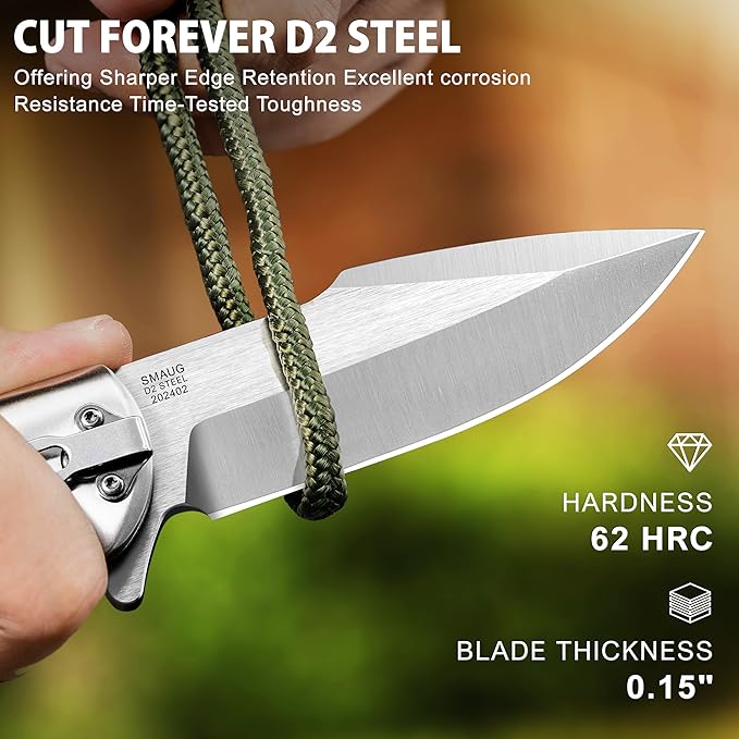 LOTHAR SMAUG Pocket Knife, 3.7 inch D2 Steel Folding Knife with Clip, Sharp Tactical Knife with G10 Handle, Glass Breaker, Pocket Knives for Men, Survival Knife Valentines Day Gifts for Him Men Women