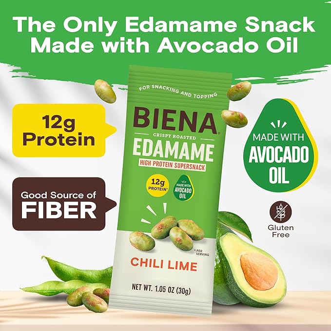 Biena Crispy Roasted Edamame Beans Snack ??High Protein Low Carb Snack for Adults & Kids, 12g Protein per Serving - Made w/Avocado Oil ??Vegan, Gluten-Free ??10-Pack, 1.05oz Bags, Chili Lime