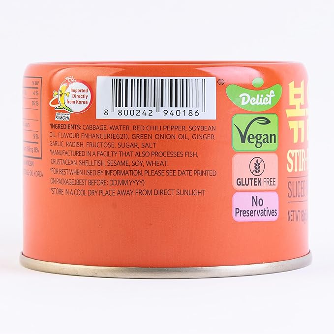 DELIEF Stir-Fried Cabbage Kimchi - Authentic Korean Cabbage, Vegan, Gluten-Free, Shelf-Stable Canned, No Preservatives, 5.64 oz/160 g (4 Packs)