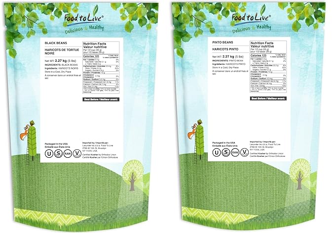 Food to Live Premium Dry Beans Bundle, 2 Pack - Black Beans (5 LB), Pinto Beans (5 LB), Non-GMO, Raw, Sproutable, Bulk. Rich in Fiber and Protein. Perfect for Soups, Burritos, Tacos. Made in USA