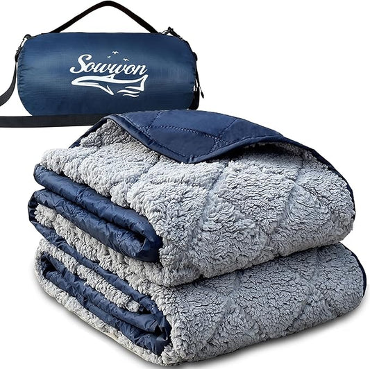 Waterproof Outdoor Blanket 92”X 60” Packable, Stadium Blankets for Camping with Sherpa Fleece Lining, Large Windproof Emergency Throw Mat for Garss Picnic Hiking Road Trip, Machine Washable, Navy